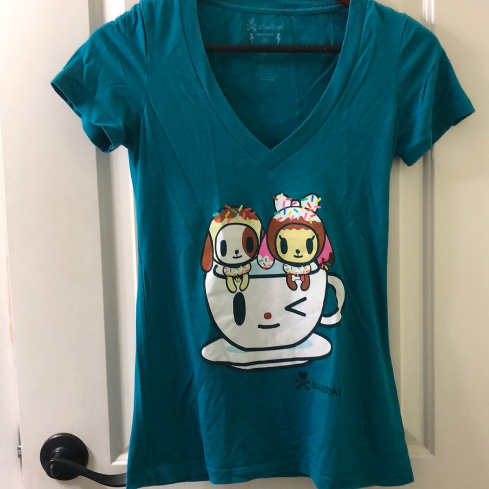 TOKIDOKI Donutina & Donutino V-Neck Tee, Sz L